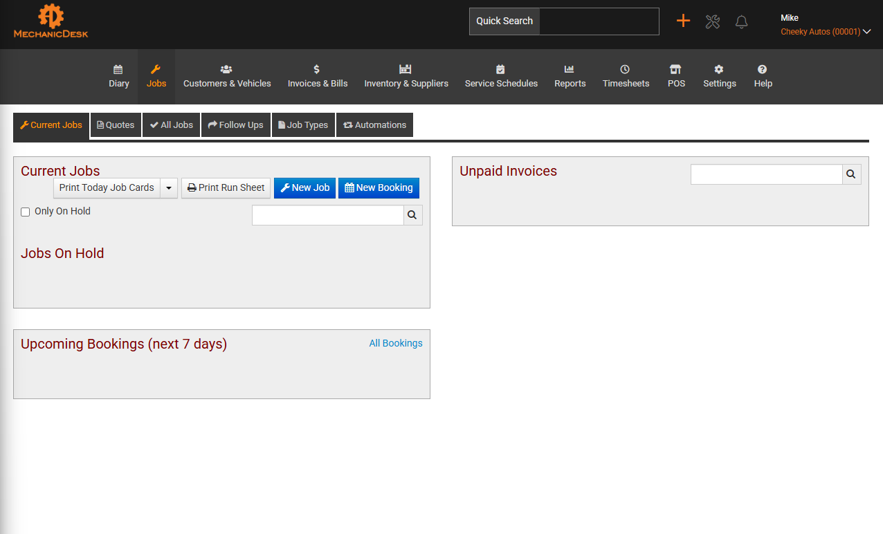 Mechanic Desk Dashboard - Workshop Management Software