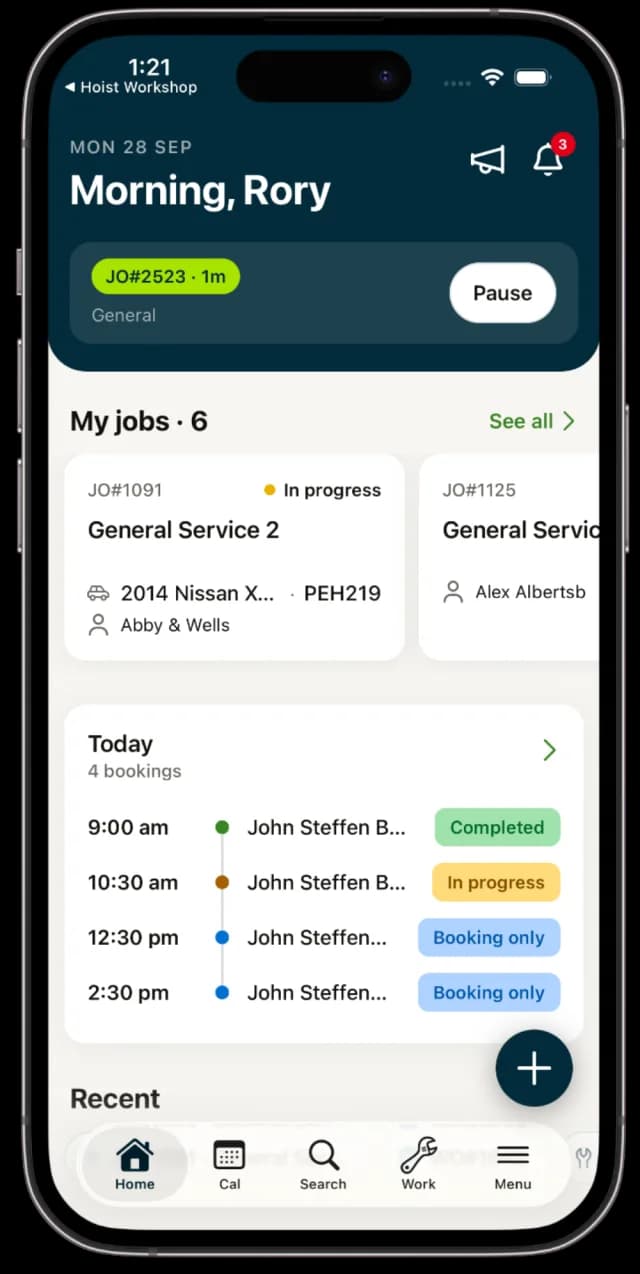 The Hoist Workshop app on a phone, showing the technician’s jobs for the day and the bookings coming in
