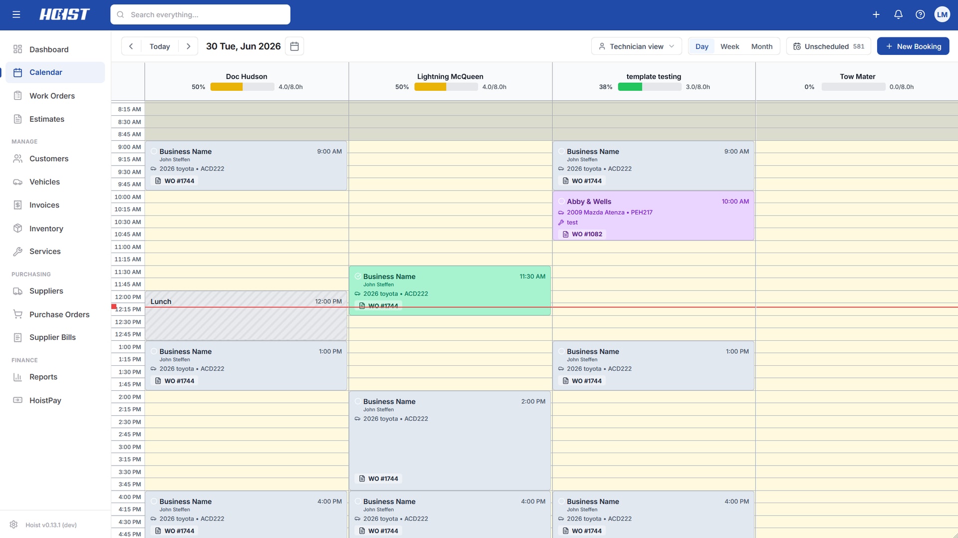 Hoist workshop calendar and booking dashboard software for auto repair shops