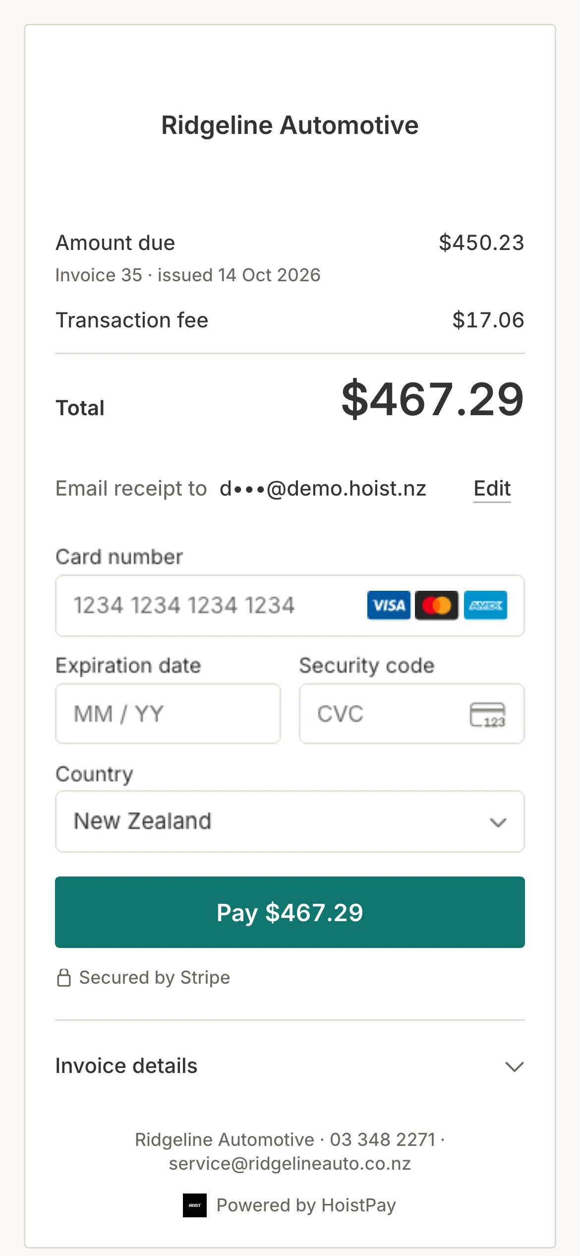 The HoistPay page on a phone: the amount due on the invoice, the card form and the Pay button
