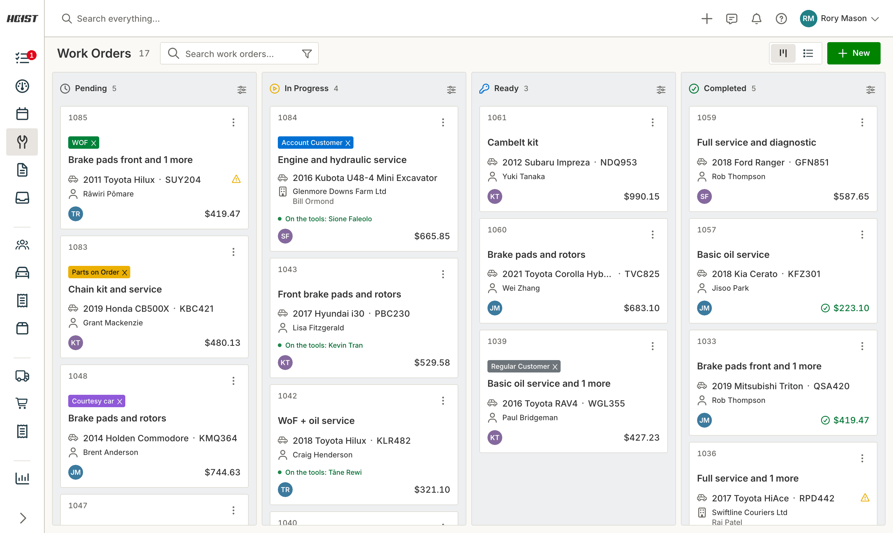 The job board in Hoist workshop management software: Pending, In Progress, Ready and Completed lanes, each job showing its number, tags, vehicle, rego, customer, technician and total