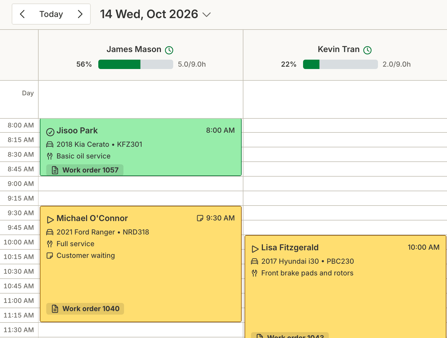 The Hoist calendar for Wednesday 14 October: two technicians with the hours booked for each, and bookings showing the customer, vehicle, rego and job
