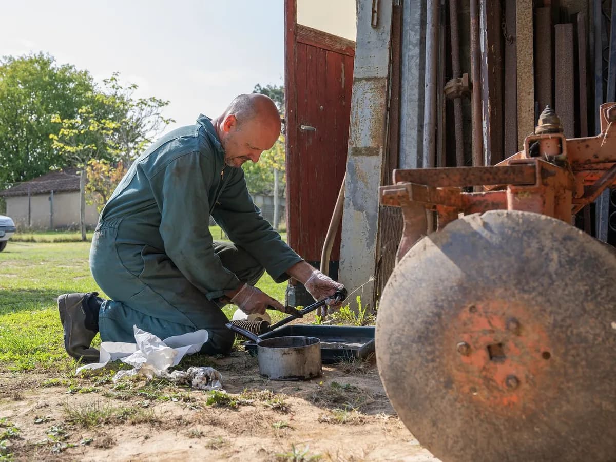 A mechanic kneeling on the grass to repair a disc harrow outside a farm shed