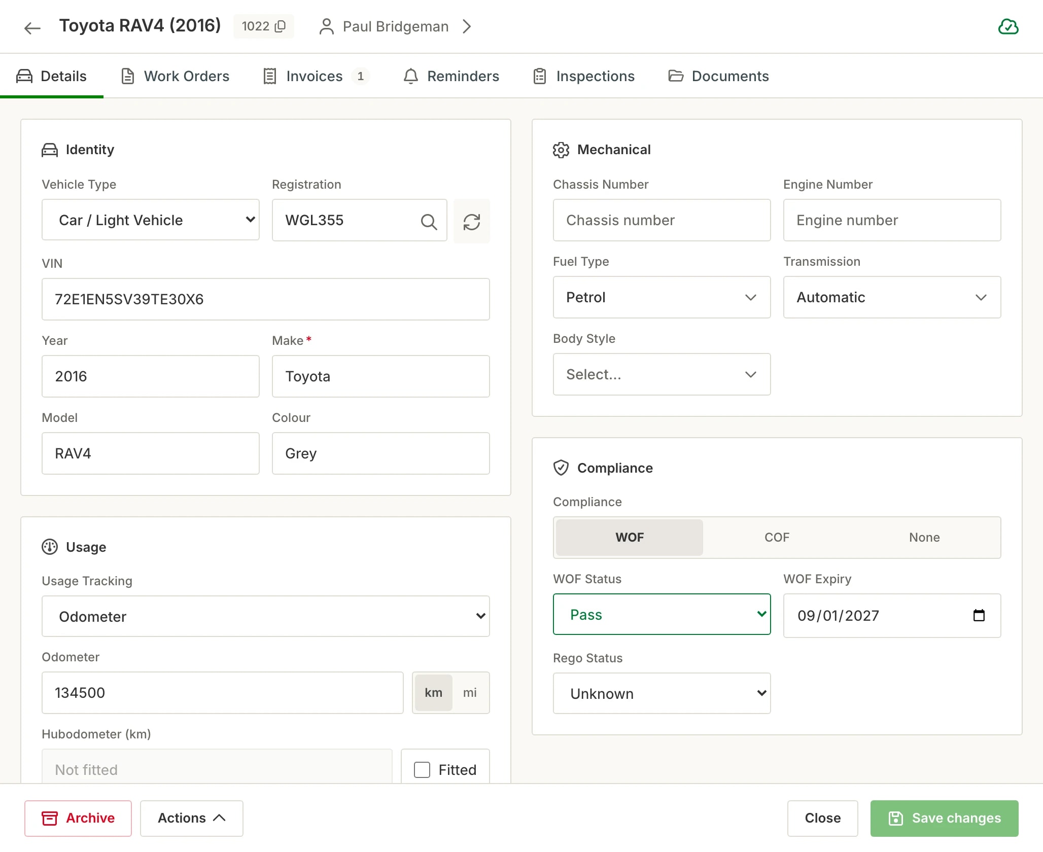 A vehicle file in Hoist: identity with rego and VIN, mechanical details, odometer, and WoF expiry