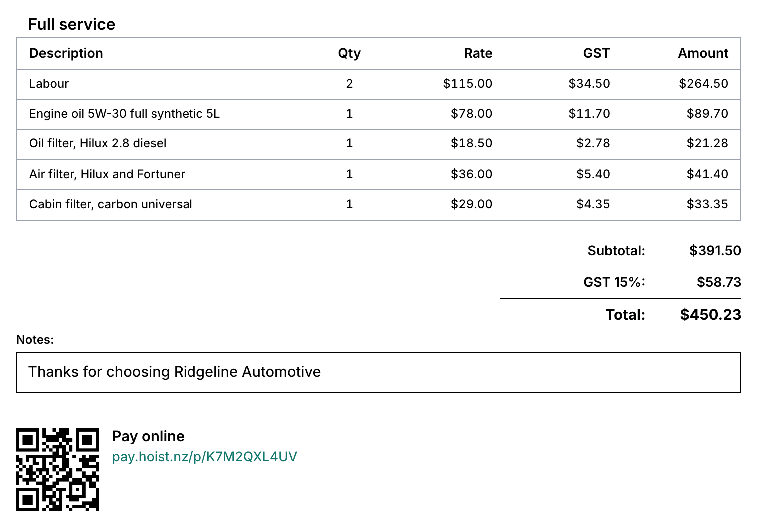 A Hoist invoice with its lines, GST and total, and a QR code and link for paying online