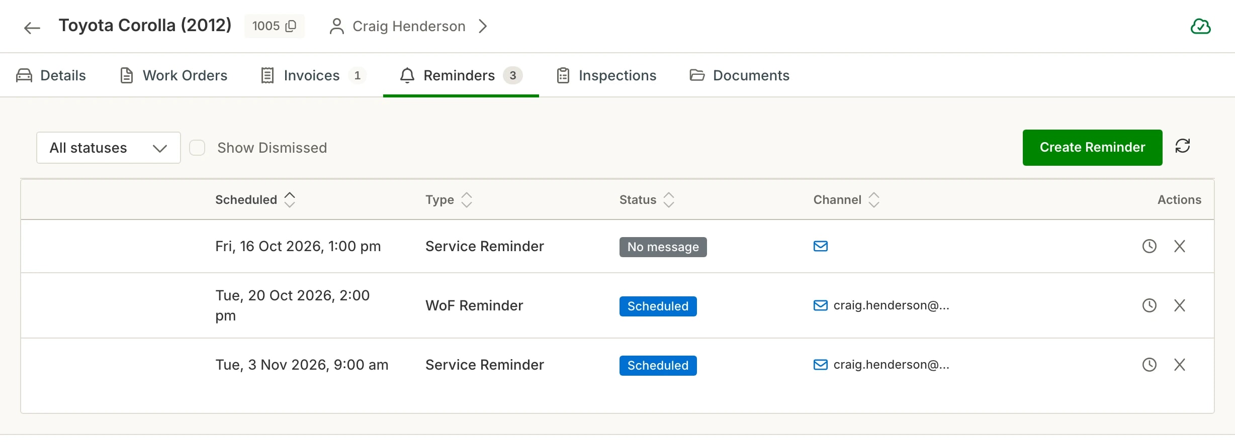 The reminders tab on a vehicle in Hoist: scheduled service and WoF reminders, the status of each and the channel it goes out on